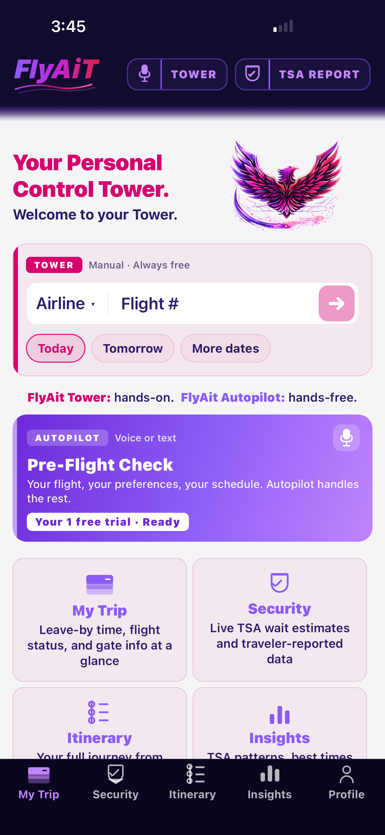 FlyAit iPhone app showing the My Trip tab welcome screen. Your Personal Control Tower headline with FlyAit eagle, airline and flight number search, Pre-Flight Check card with guided trip planning, and quick-access cards for My Trip, Flights, Plan, and Security.
