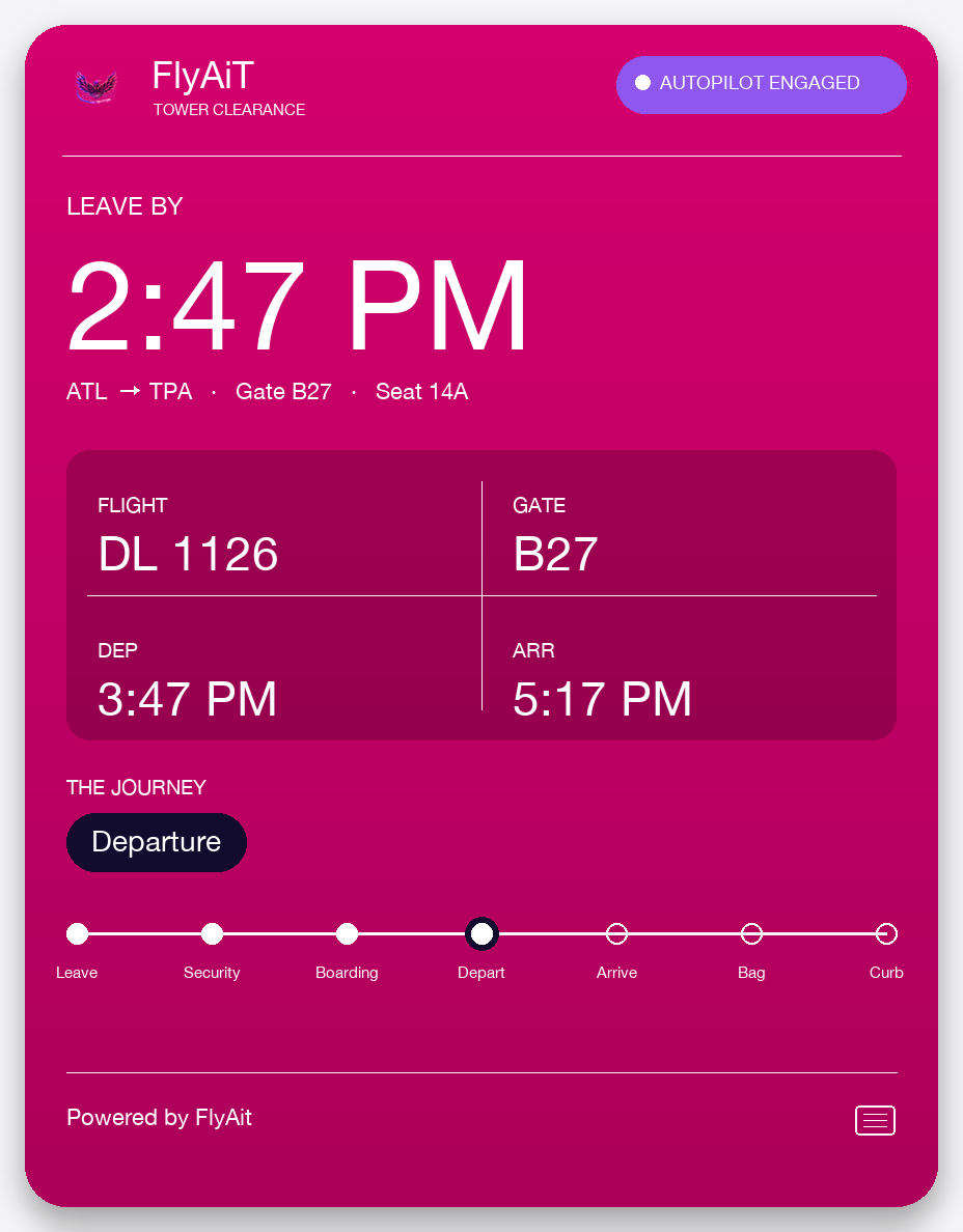 FlyAit Apple Wallet pass showing Autopilot Engaged status, LEAVE BY time, flight info grid, and journey progression rail.